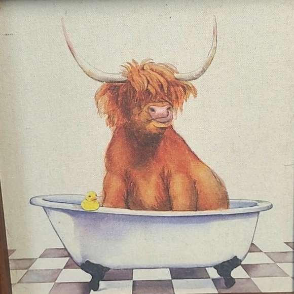 Highland Cow Texas Country Cattle Bathtub Rubber Duck Wood Framed Canvas Print - Picture 5 of 16